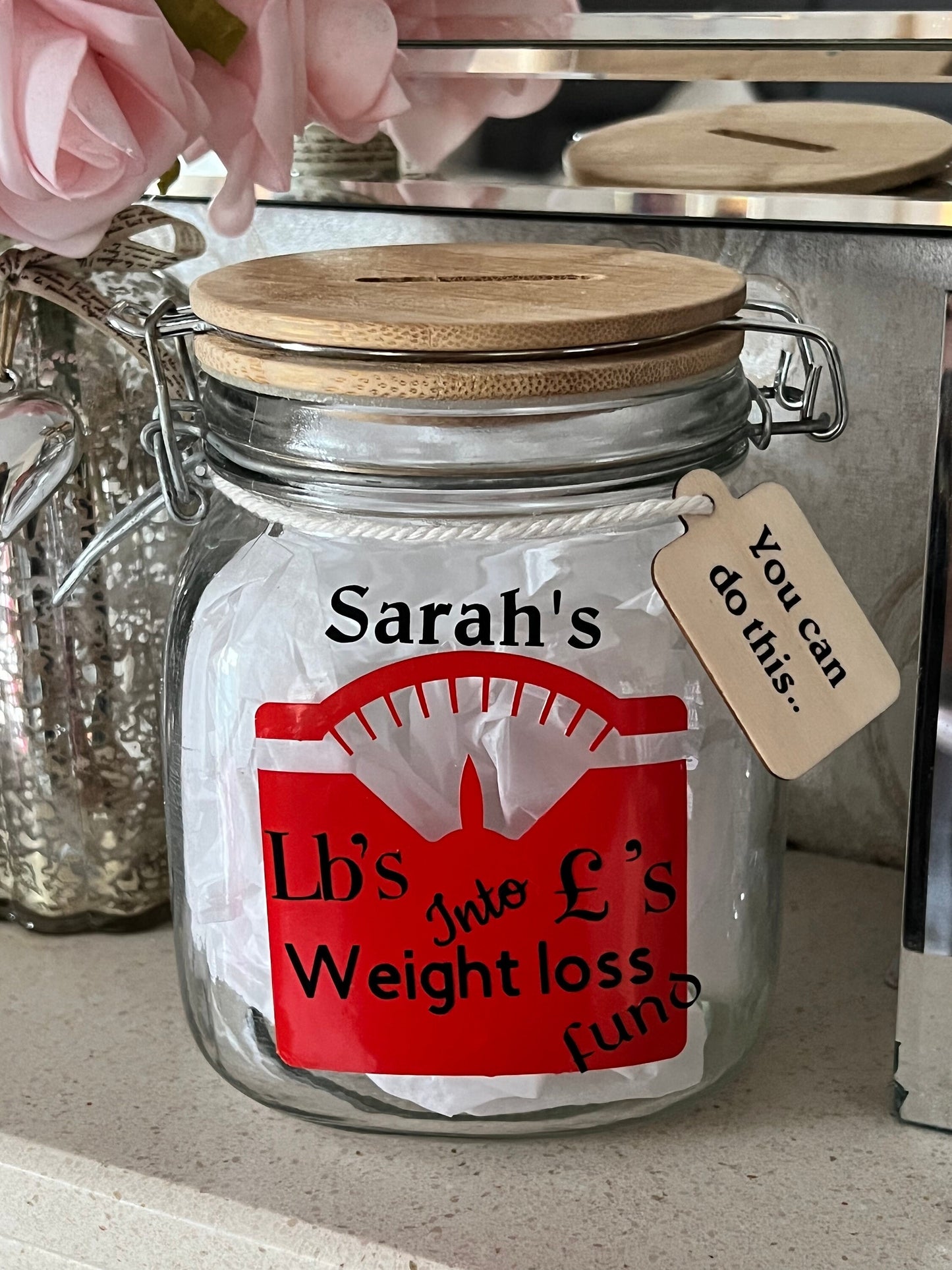 Personalised weight loss money jar. Lbs into pounds , diet jar. Money box.