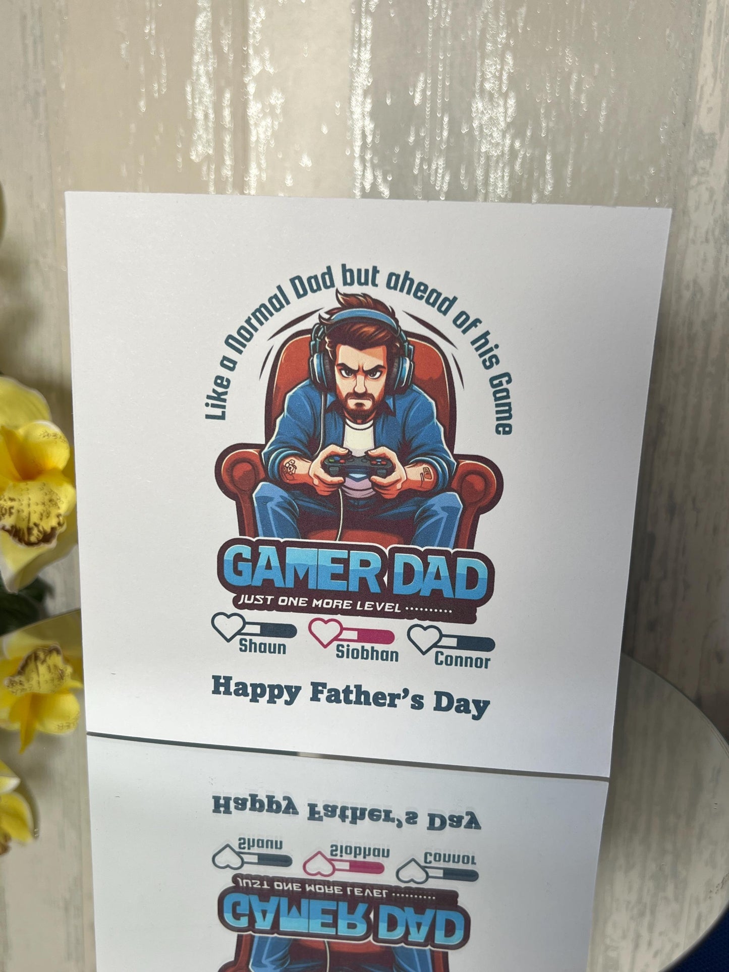 Father’s Day Card. 6x6 inch white card. Gaming dad with children’s names. personalised. great card for the Gamer dad out there. Birthday.