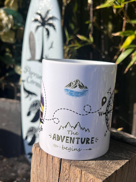 Motorhome personalised mug. Custom made with name. The adventure begins and compass image. Ideal traveller mug Motorhomer gift.