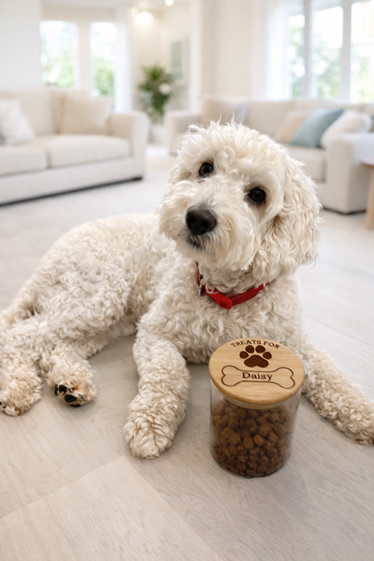Dog treats jar personalised with name. engraved. pet treats storage jar, can be custom made to any words 1litre. Airtight bamboo lid.