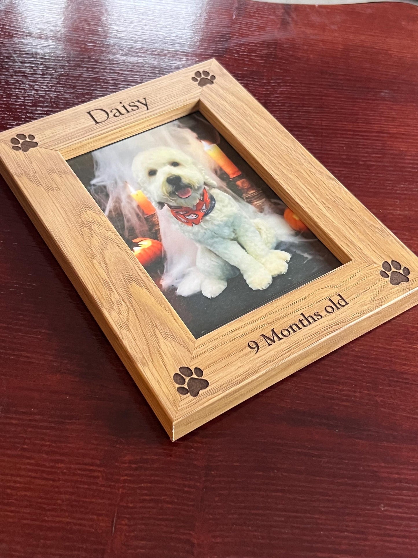 Engraved Dog photo frame personalised with name and date. For your Furry friend. custom made with ANY wording.6x4 photo. Oak effect frame.