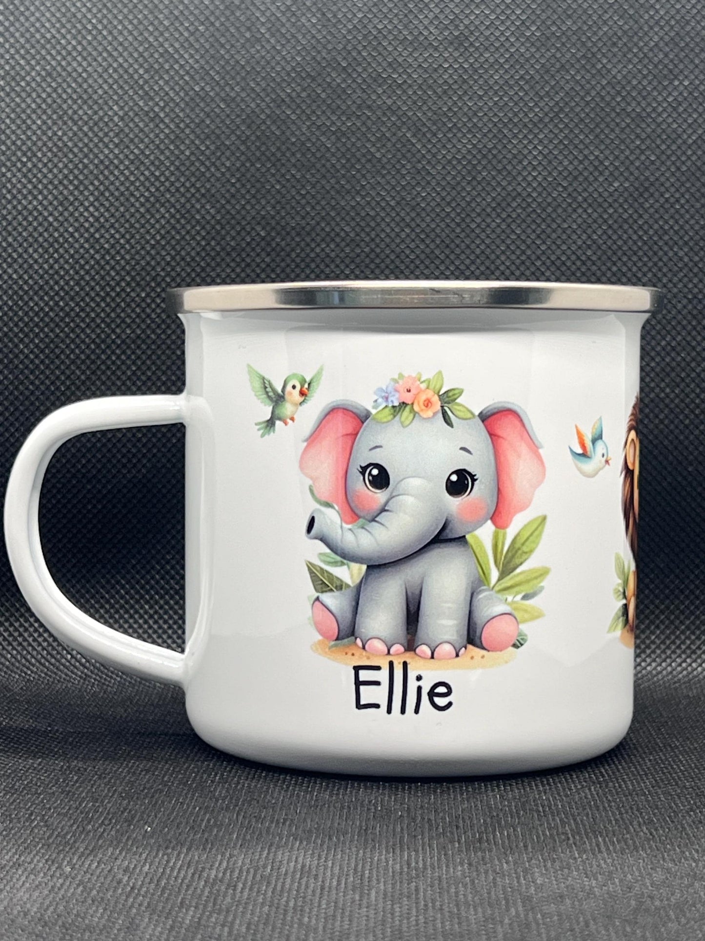 Childs cup. Personalised enamel cup. Unbreakable kids cup. baby animals with child’s name on both sides. Child’s gift. Camping mug Kids cup