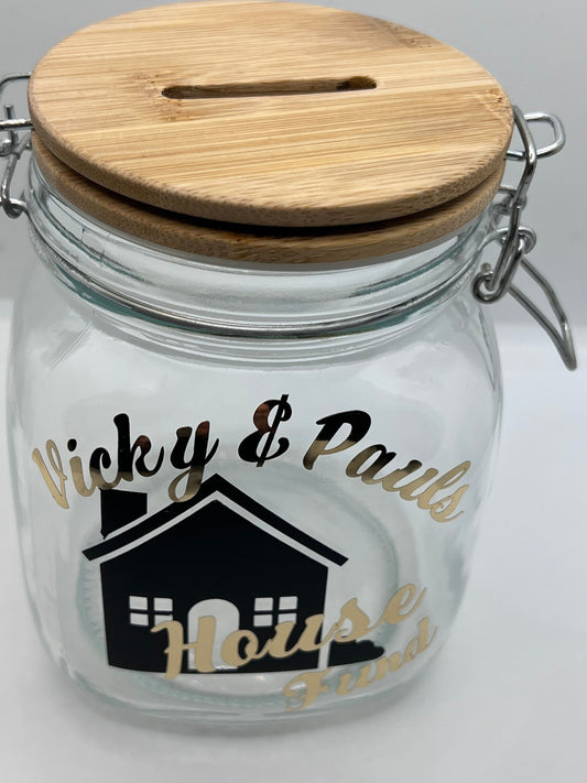 Personalised House fund glass jar Money Box . Savings jar . Piggy bank with money slot.