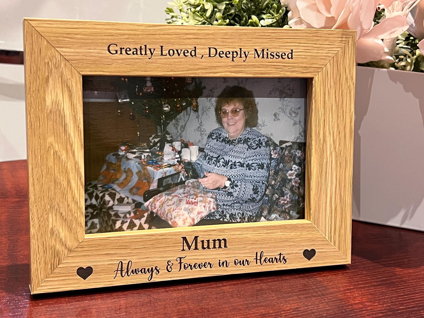 Personalised memorial photo frame. Engraved Mum , Dad, ANY Name or Words …holds 6x4 photo of your loved one. Oak effect.