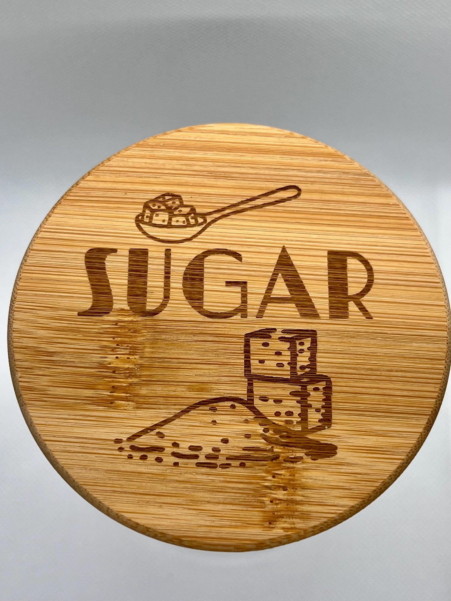 Engraved Tea Coffee and Sugar canister set or individual. Glass storage with engraved airtight bamboo lid. visual aid
