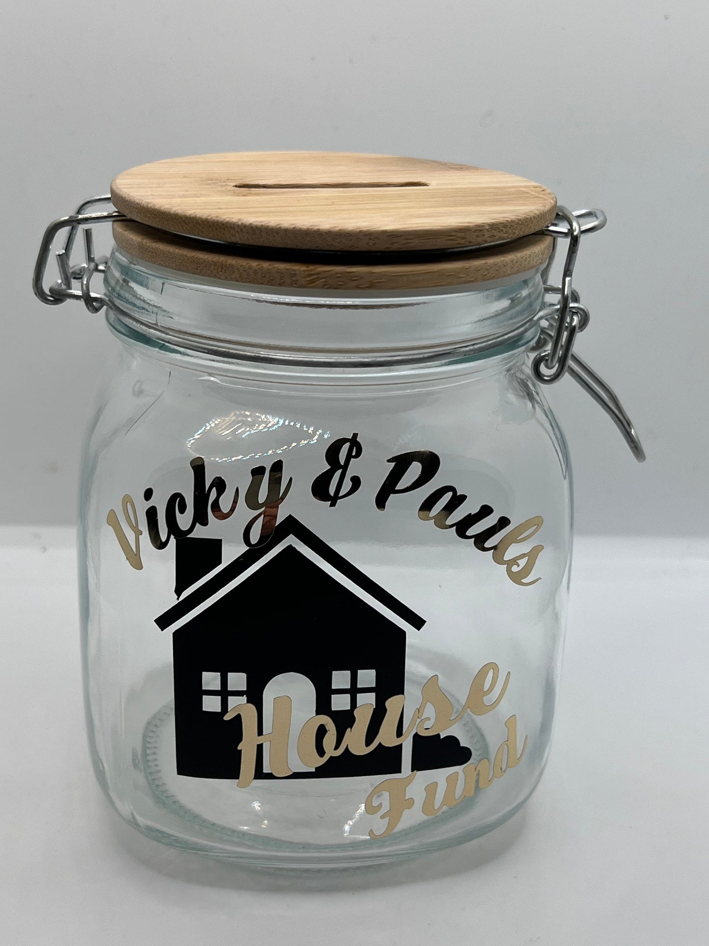Personalised House fund glass jar Money Box . Savings jar . Piggy bank with money slot.
