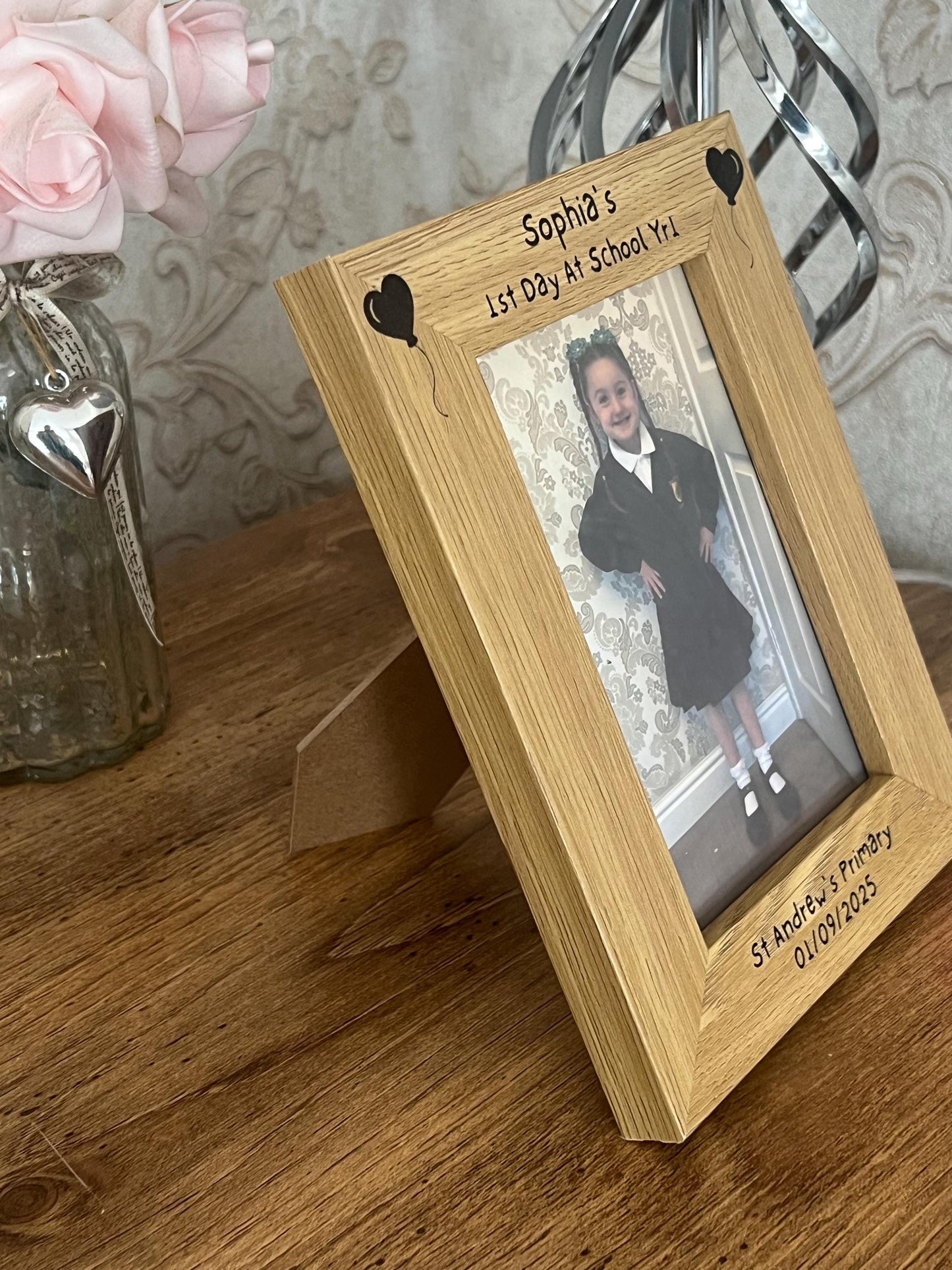 1st day of school photo frame. School photo. Personalised lovely oak effect engraved photo frame holds 6x4 photo. Any words.