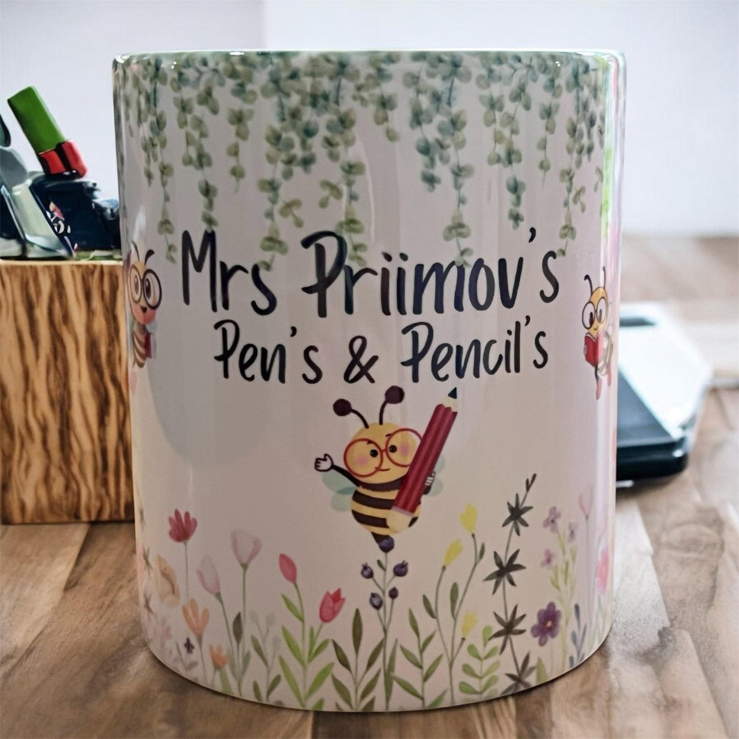 Teacher Gift. Personalised Teacher pens and pencils pot holder. Flower garden and bees School pen pot. End of term gift.Now Matching Card