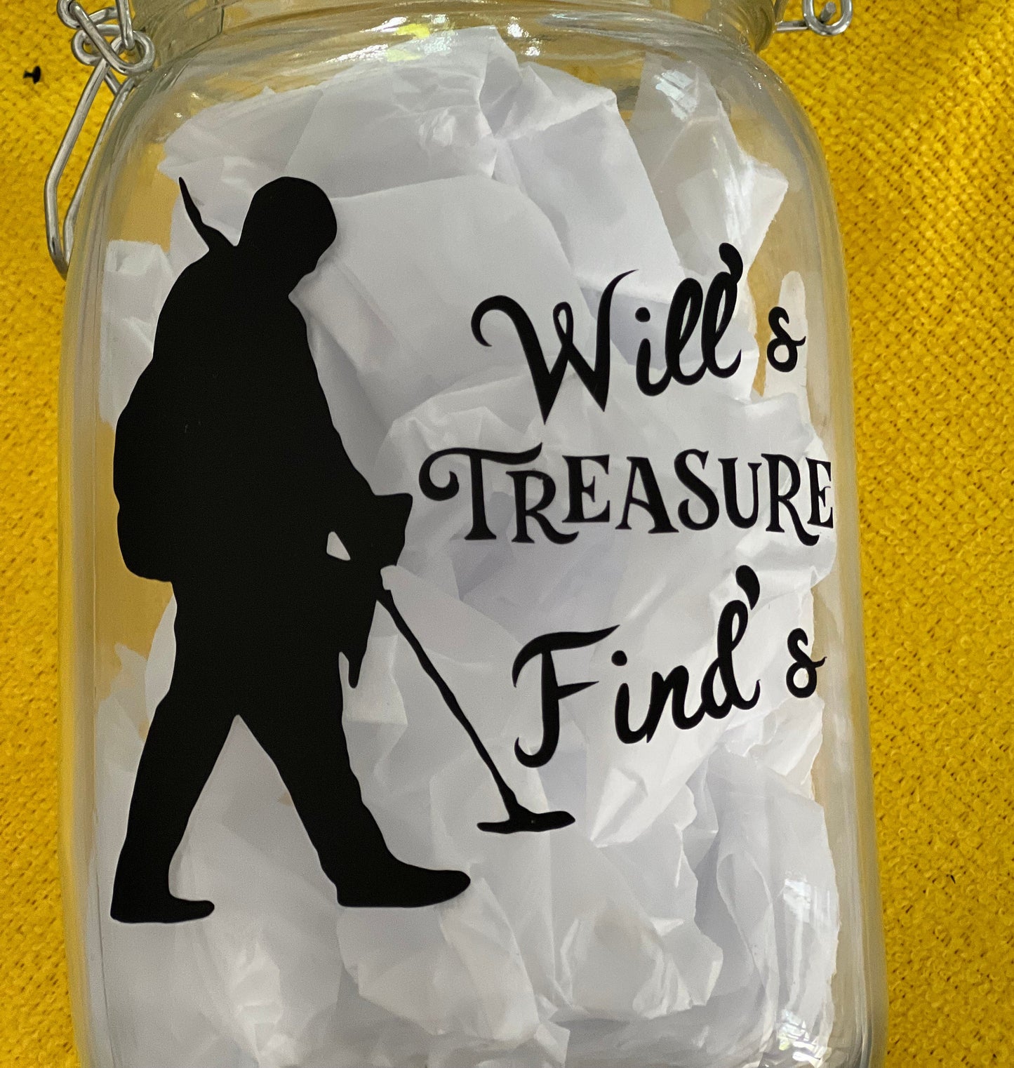 Personalised Metal detector Treasure finds jar. Detector gift, Storage Jar. Great way to store those finds. Male or female detector image.