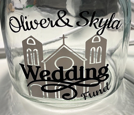 Personalised Wedding fund glass jar Money Box . Savings jar . Piggy bank with money slot.