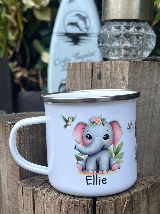 Childs cup. Personalised enamel cup. Unbreakable kids cup. baby animals with child’s name on both sides. Child’s gift. Camping mug Kids cup
