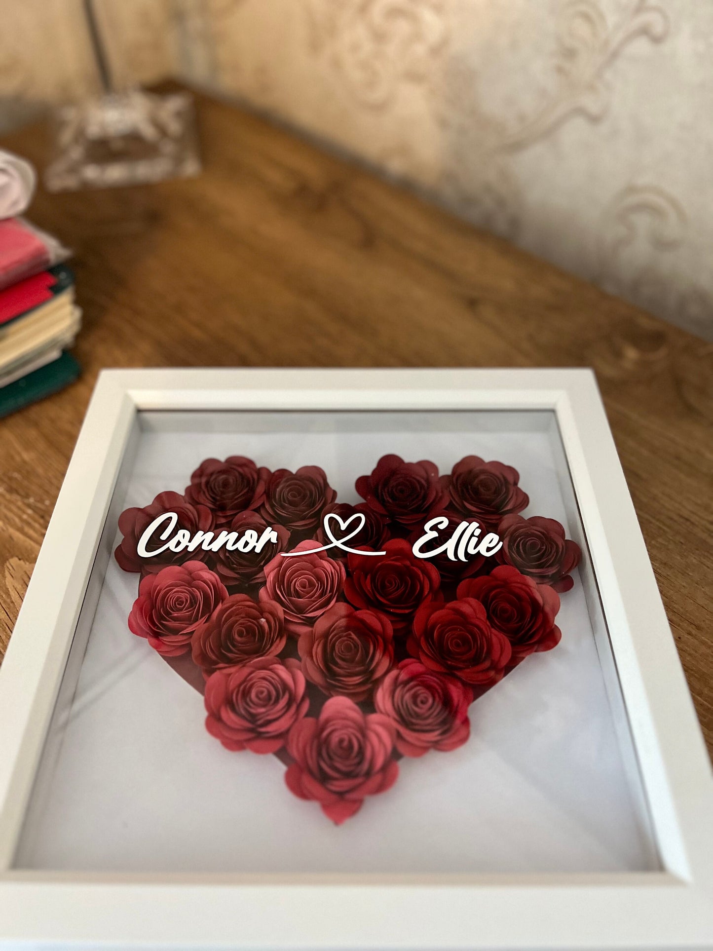 Shadow box heart, 3D rolled paper flowers personalised handmade roses, heart, Flower box Valentines, love, Anniversary,