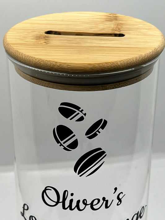 Personalised loose change money jar . Money box. Piggy bank. Coins jar.