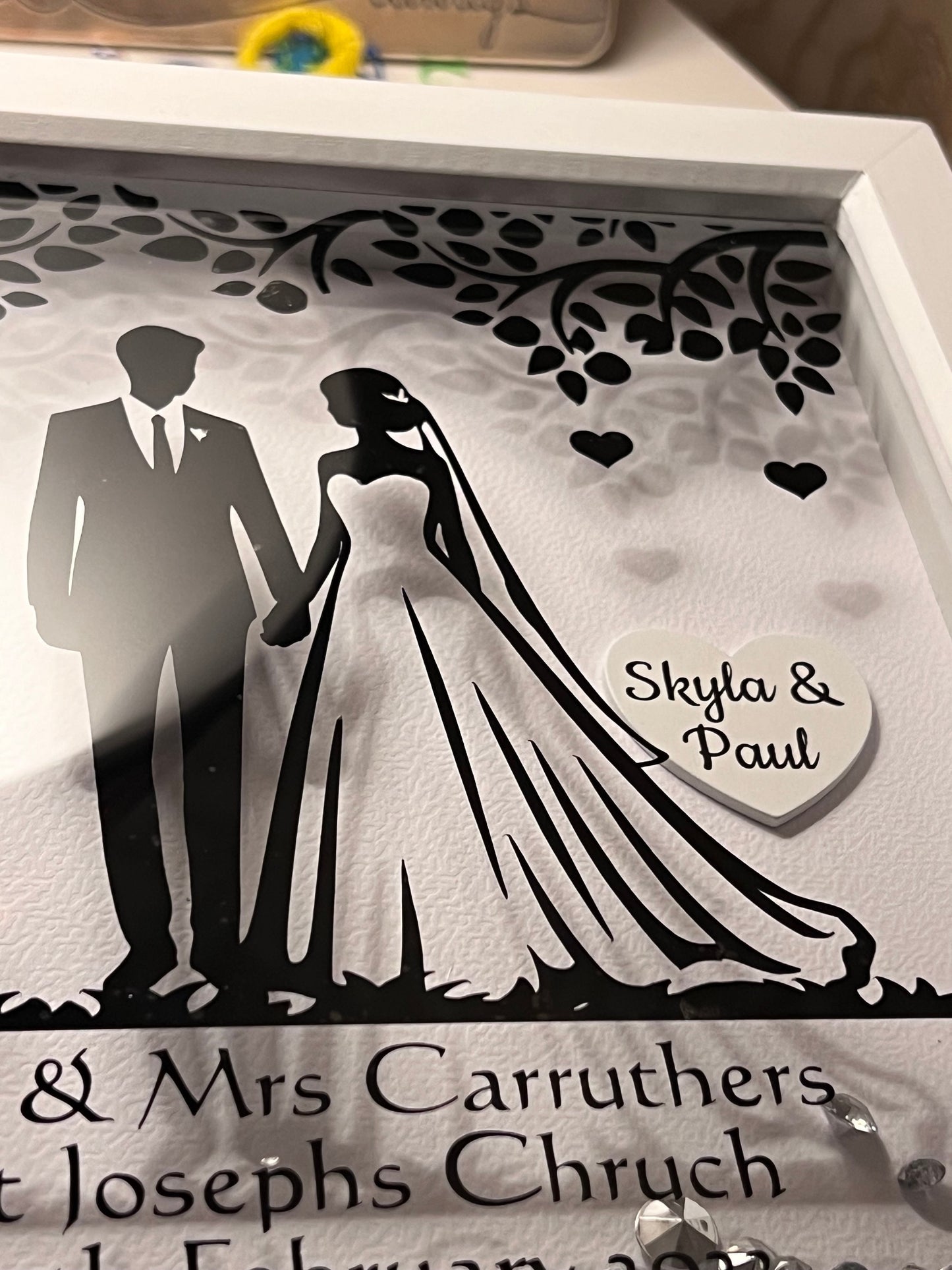 Mr and Mrs. handmade personalised wedding deep box frame with heart. Perfect wedding gift Bride and Groom.