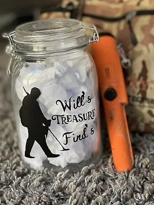 Personalised Metal detector Treasure finds jar. Detector gift, Storage Jar. Great way to store those finds. Male or female detector image.
