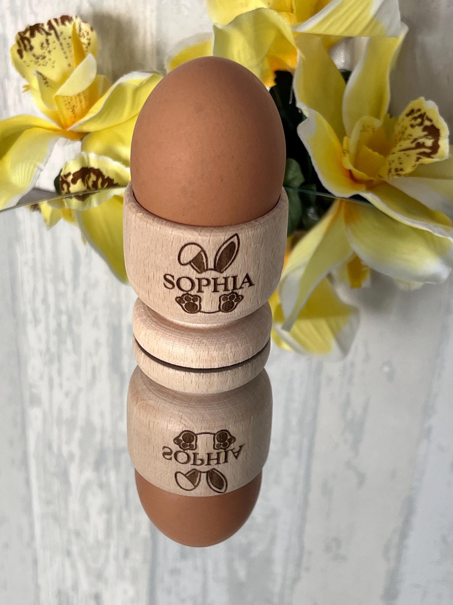Personalised Easter gift with name. Solid beech egg cup engraved with name. Kids Easter gift. Kinder egg or crème egg option Easter bunny.