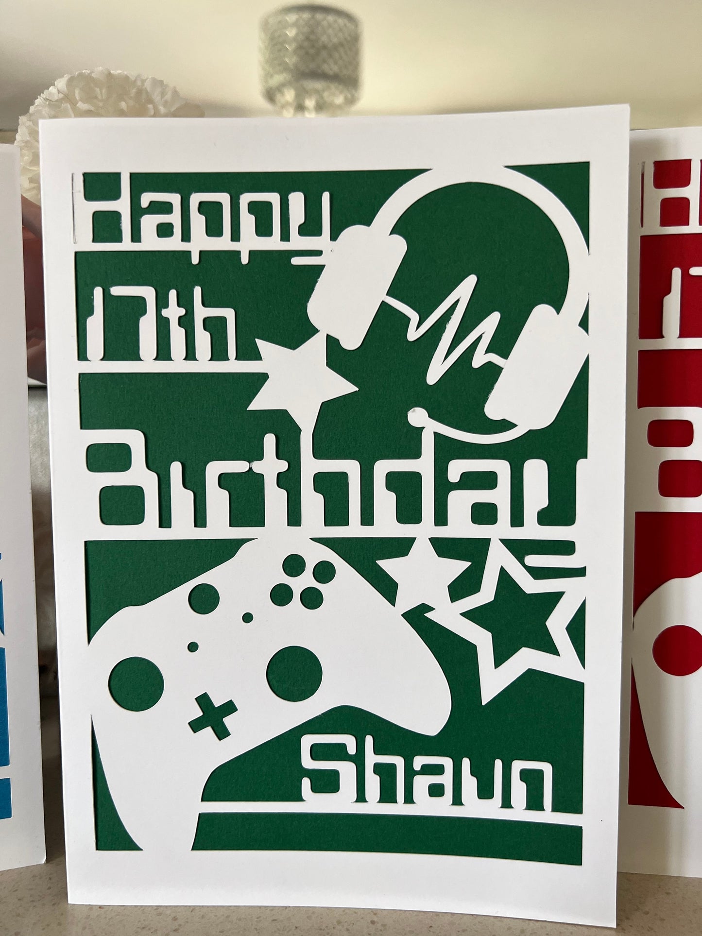 Personalised gaming birthday card. A5 name and age. Headset and controller choice of colour backing.