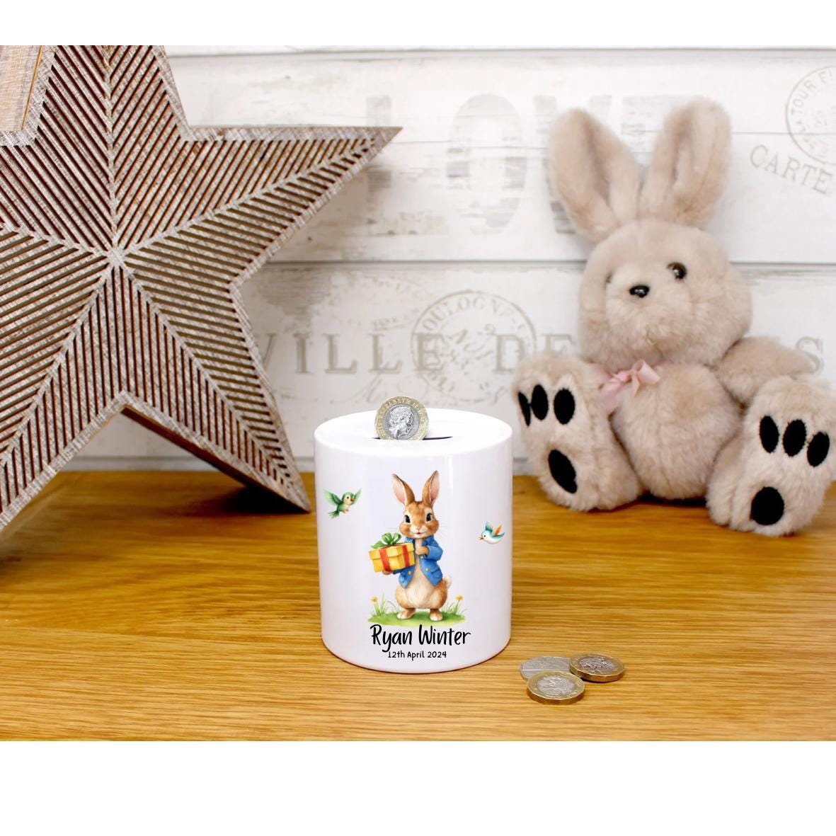 Personalised christening gift | Peter rabbit | children’s money box |baby’s 1st Birthday gift | Naming gift | New born gift. Cute Any words.