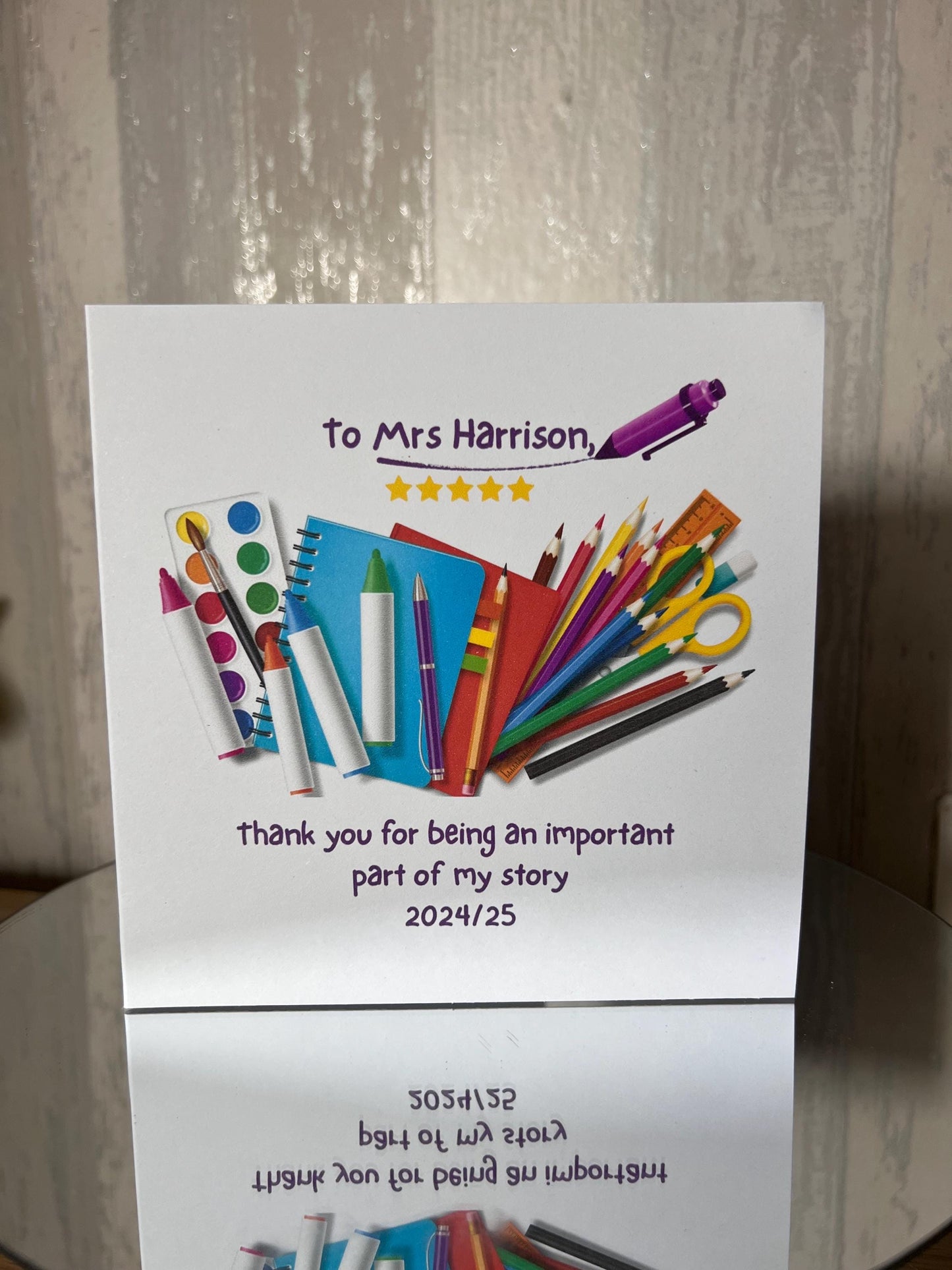 Teacher thank you card. Teacher end of year card. personalised with teachers name. 6x6 inch quality card and white envelope