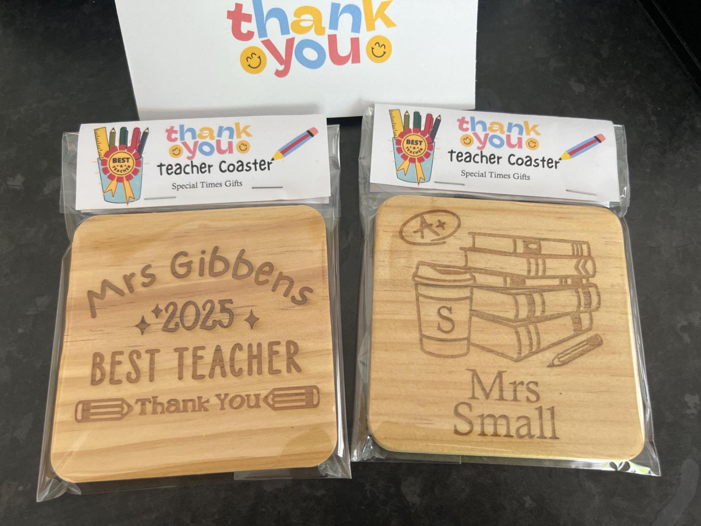 Teacher personalised gift. Engraved wooden coaster choice of designs. Gift sealed. End of school year gift. Thank you