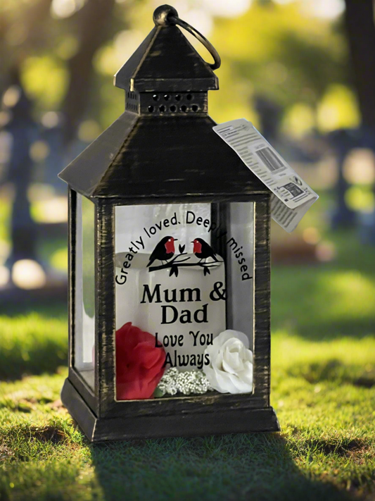 Personalised Memorial Lantern choice of flower colour, Mum, Dad, Nan, Grandad Wife , husband etc. Graveside ,Home. Auto candle two robins