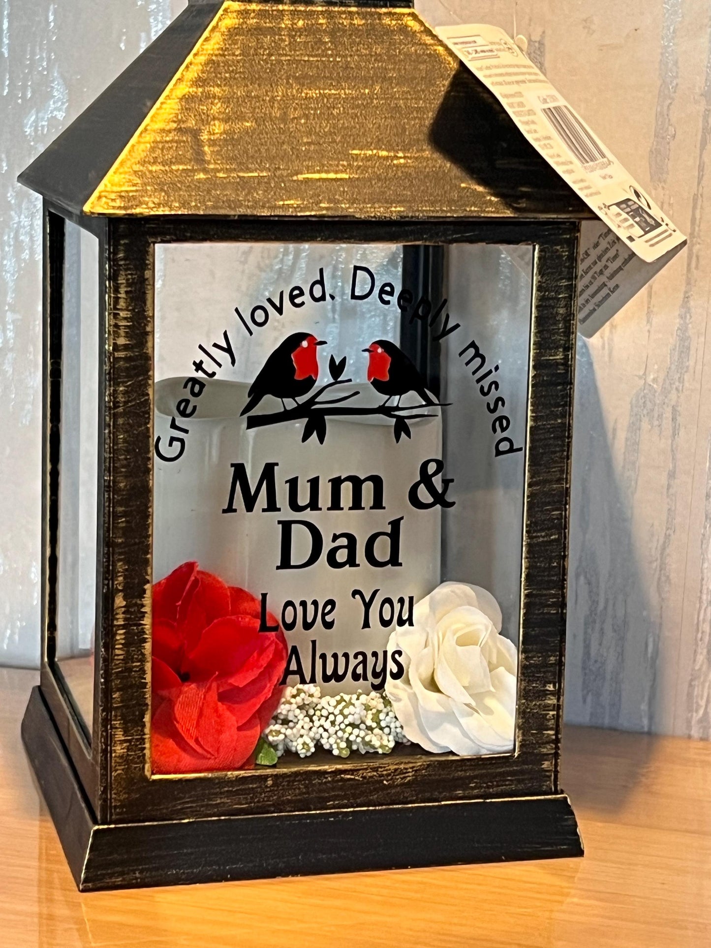 Personalised Memorial Lantern choice of flower colour, Mum, Dad, Nan, Grandad Wife , husband etc. Graveside ,Home. Auto candle two robins