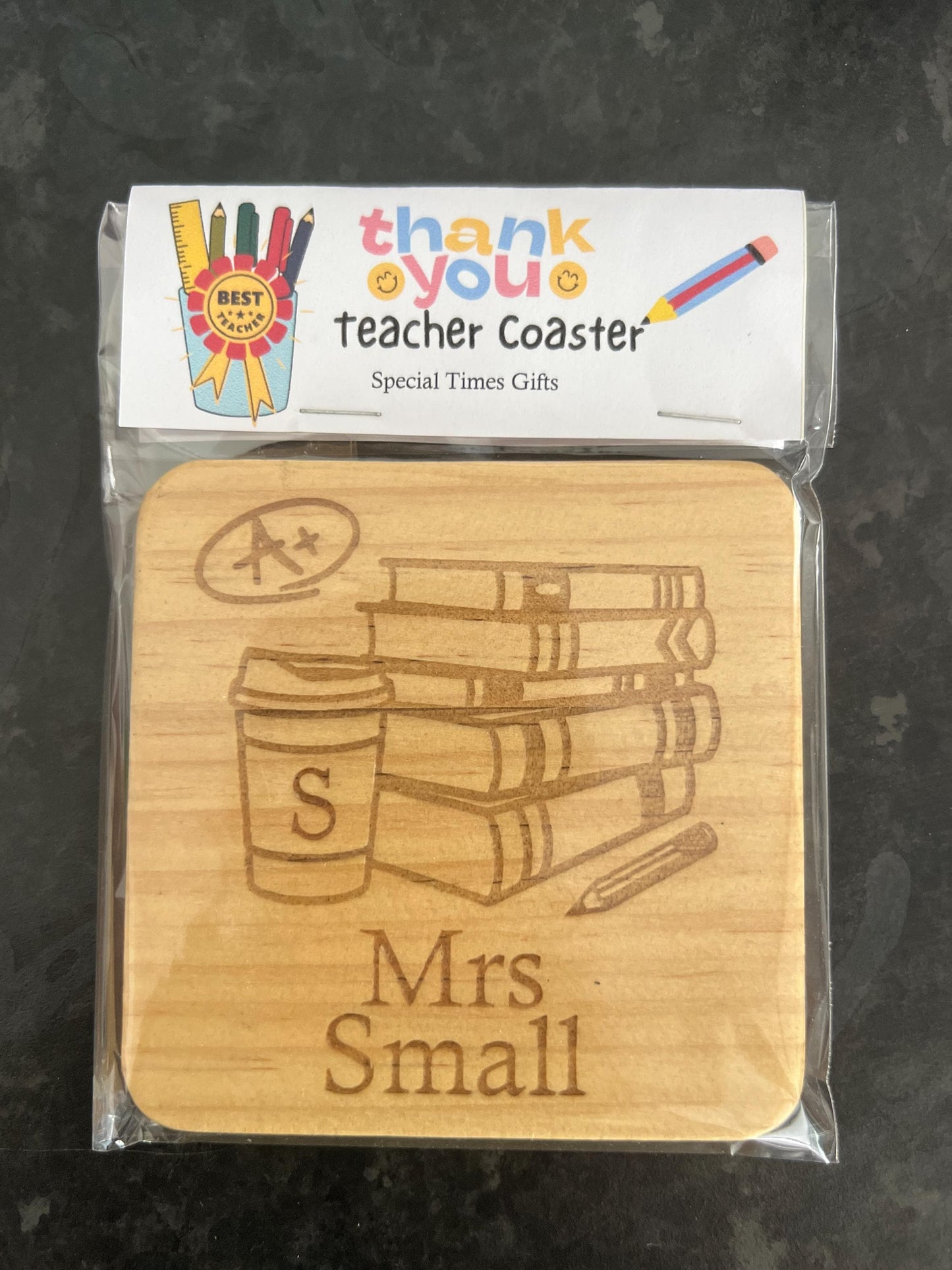 Teacher personalised gift. Engraved wooden coaster choice of designs. Gift sealed. End of school year gift. Thank you