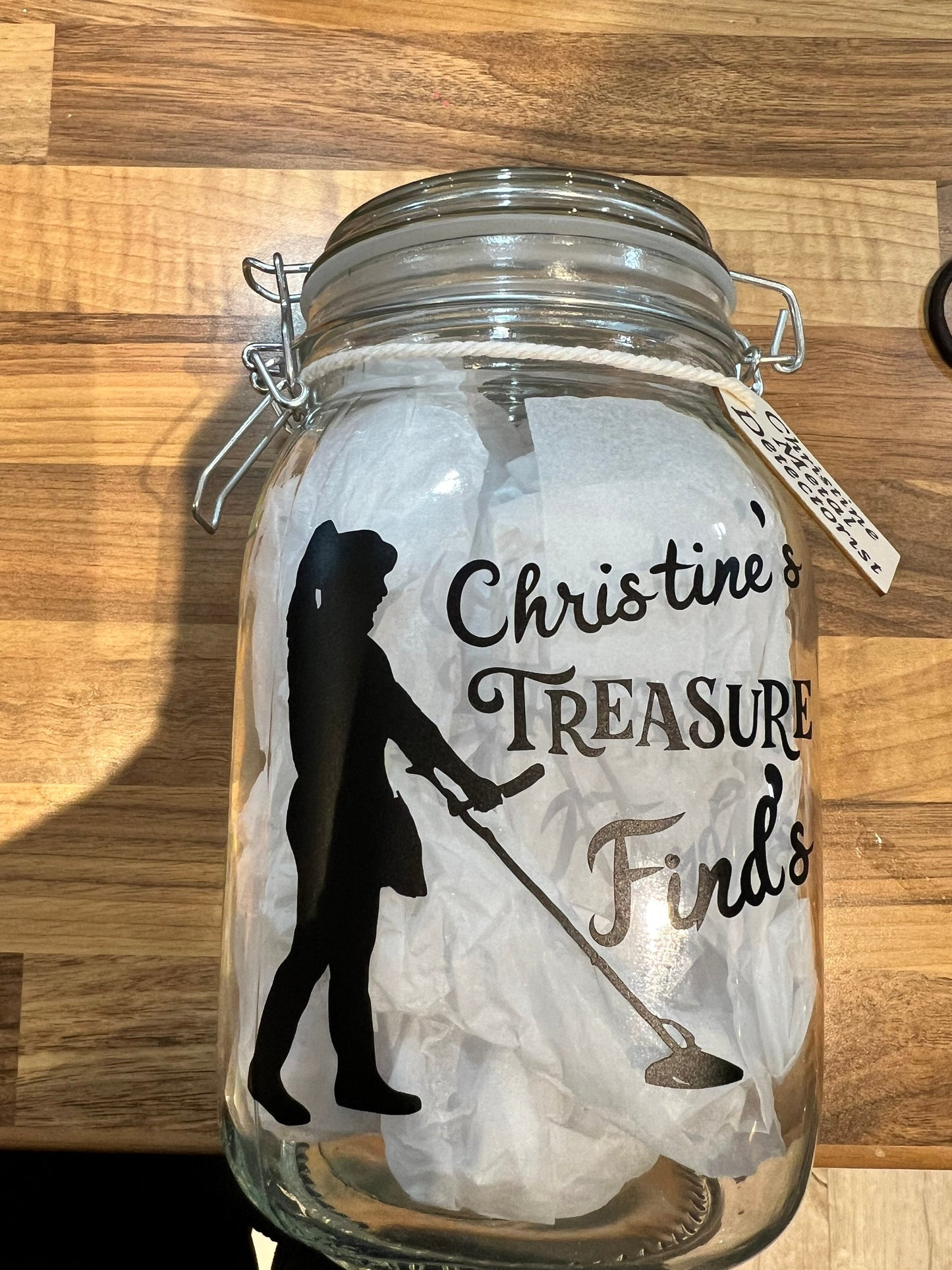 Personalised female Metal detector Treasure finds jar. Detector gift, Storage Jar. Lady metal detector gift. Treasure