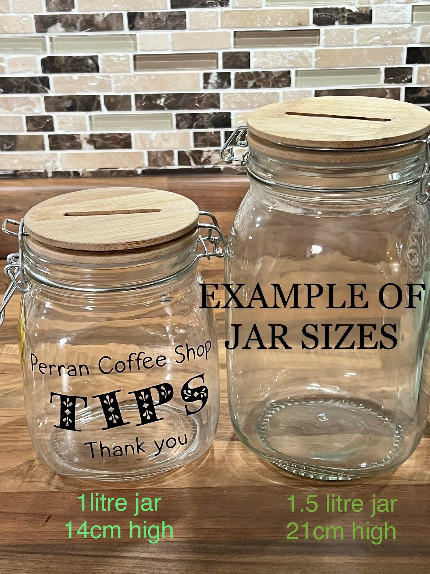 Personalised Tips glass jar Money Box . Savings jar . Business tips jar , hairdressers, cafes, etc. Money jar, coins and notes. 2 sizes…