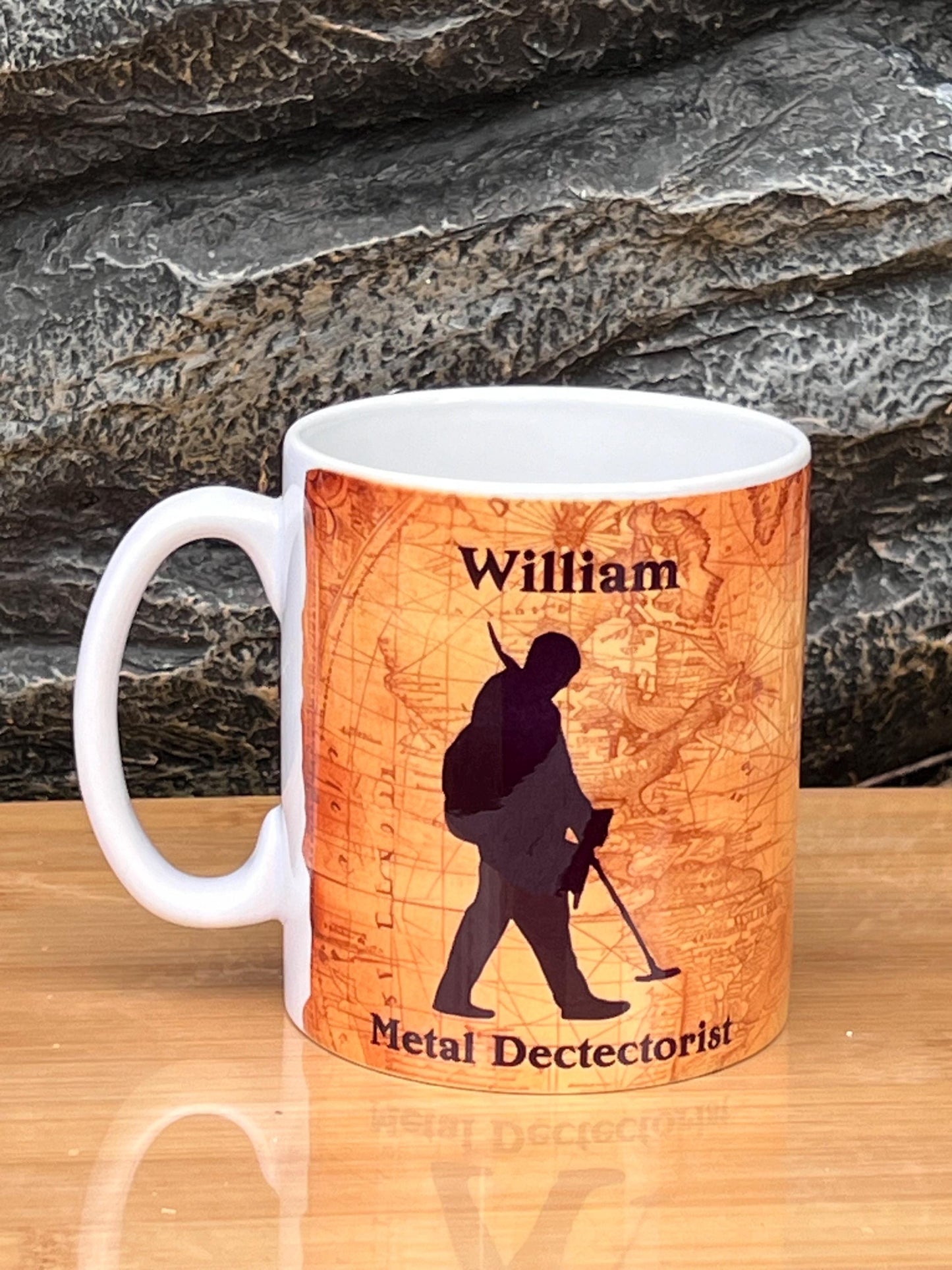 Personalised Metal Detecting cup, mug. 10oz our silhouette Metal detector, your Name.. Birthday gift. Metal detector- treasure map
