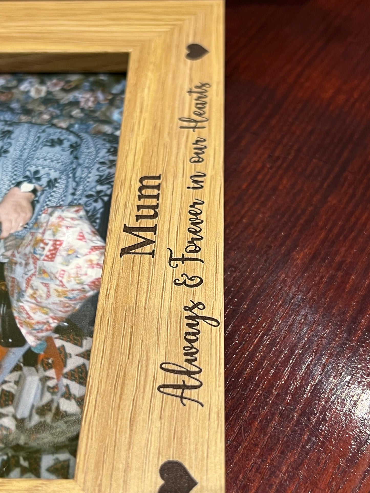 Personalised memorial photo frame. Engraved Mum , Dad, ANY Name or Words …holds 6x4 photo of your loved one. Oak effect.
