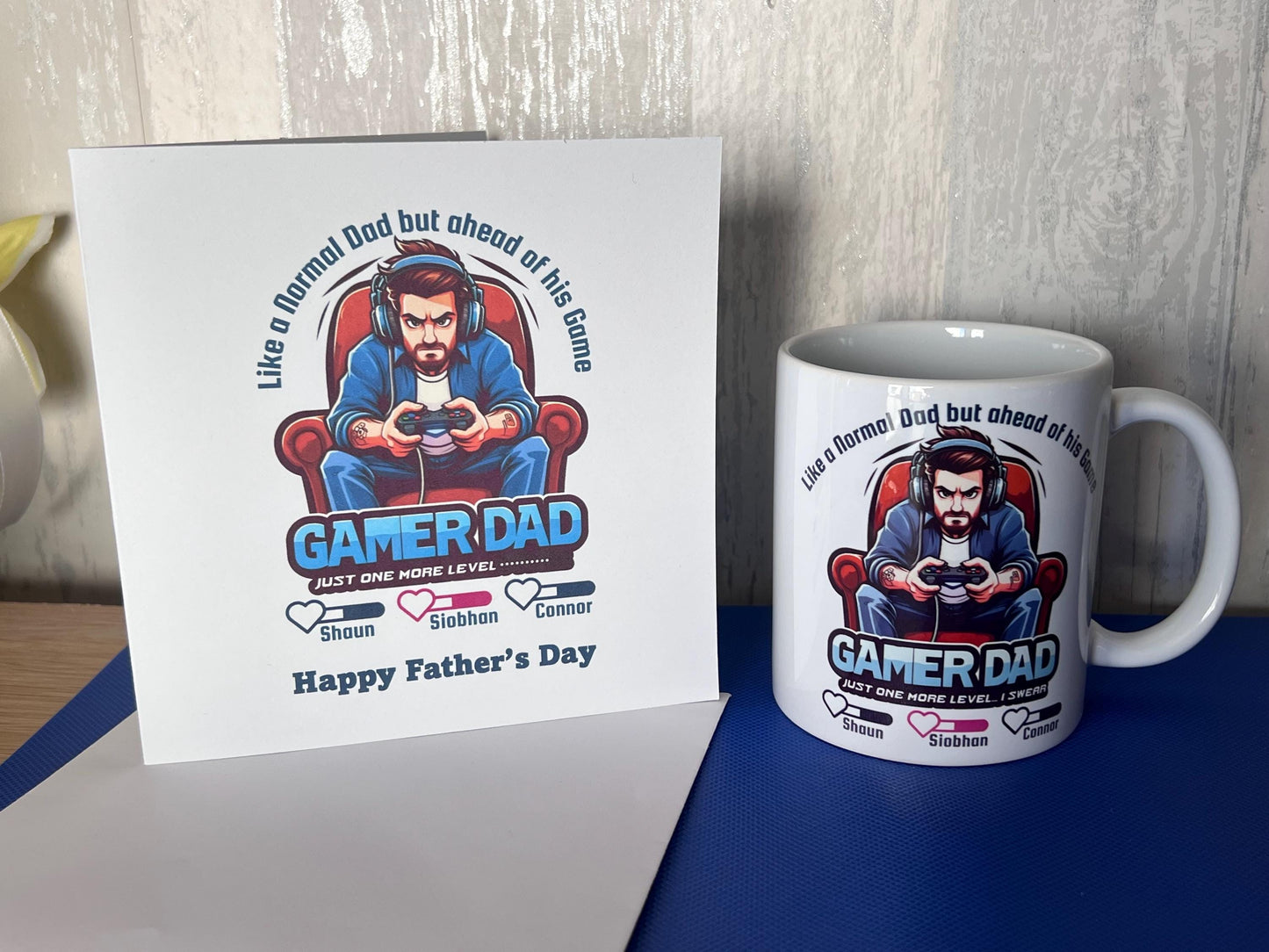 Father’s Day Card. 6x6 inch white card. Gaming dad with children’s names. personalised. great card for the Gamer dad out there. Birthday.