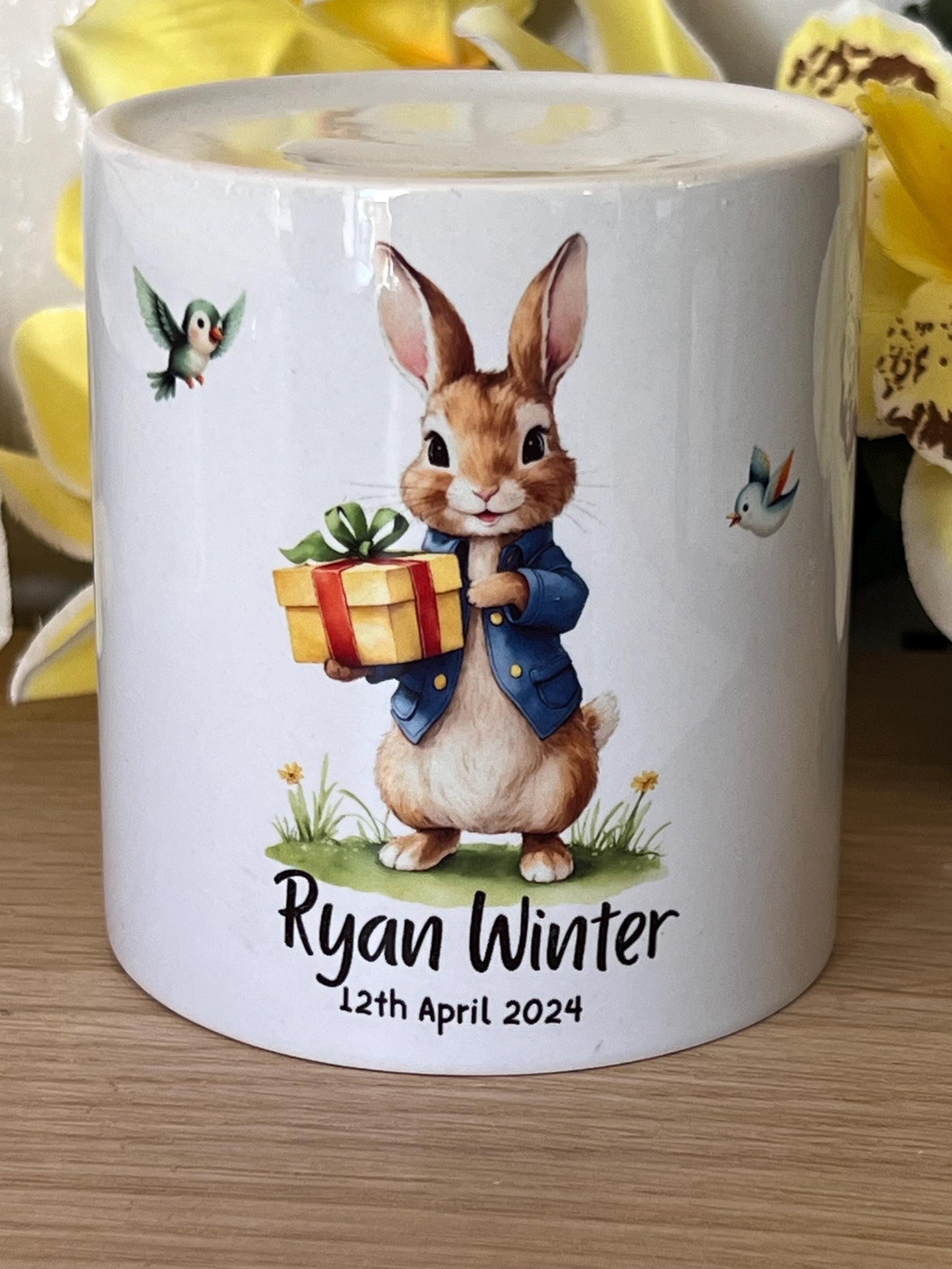 Personalised christening gift | Peter rabbit | children’s money box |baby’s 1st Birthday gift | Naming gift | New born gift. Cute Any words.