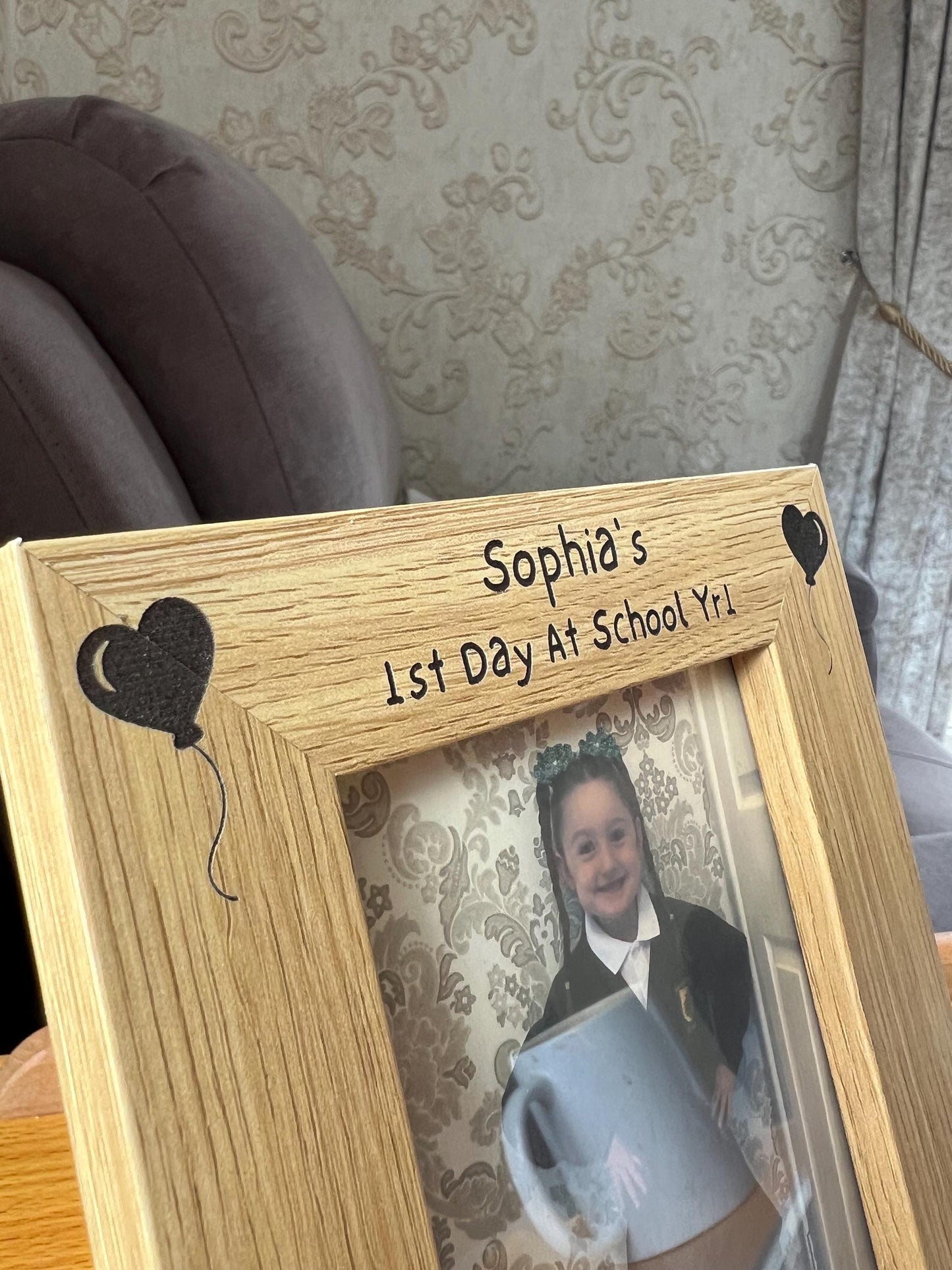 1st day of school photo frame. School photo. Personalised lovely oak effect engraved photo frame holds 6x4 photo. Any words.