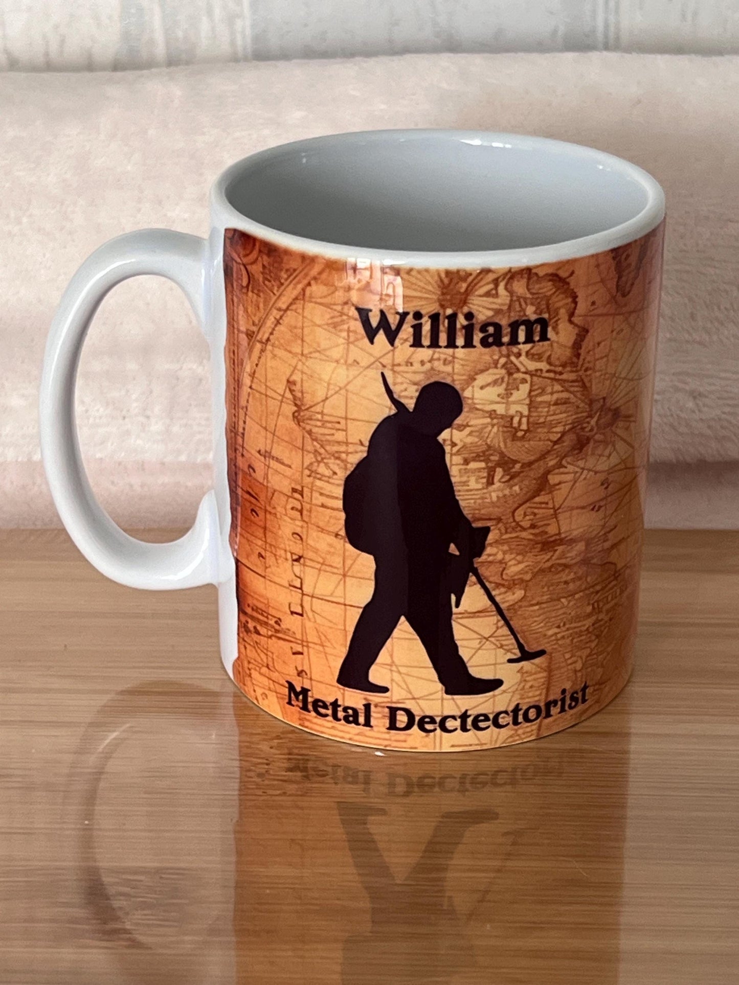 Personalised Metal Detecting cup, mug. 10oz our silhouette Metal detector, your Name.. Birthday gift. Metal detector- treasure map