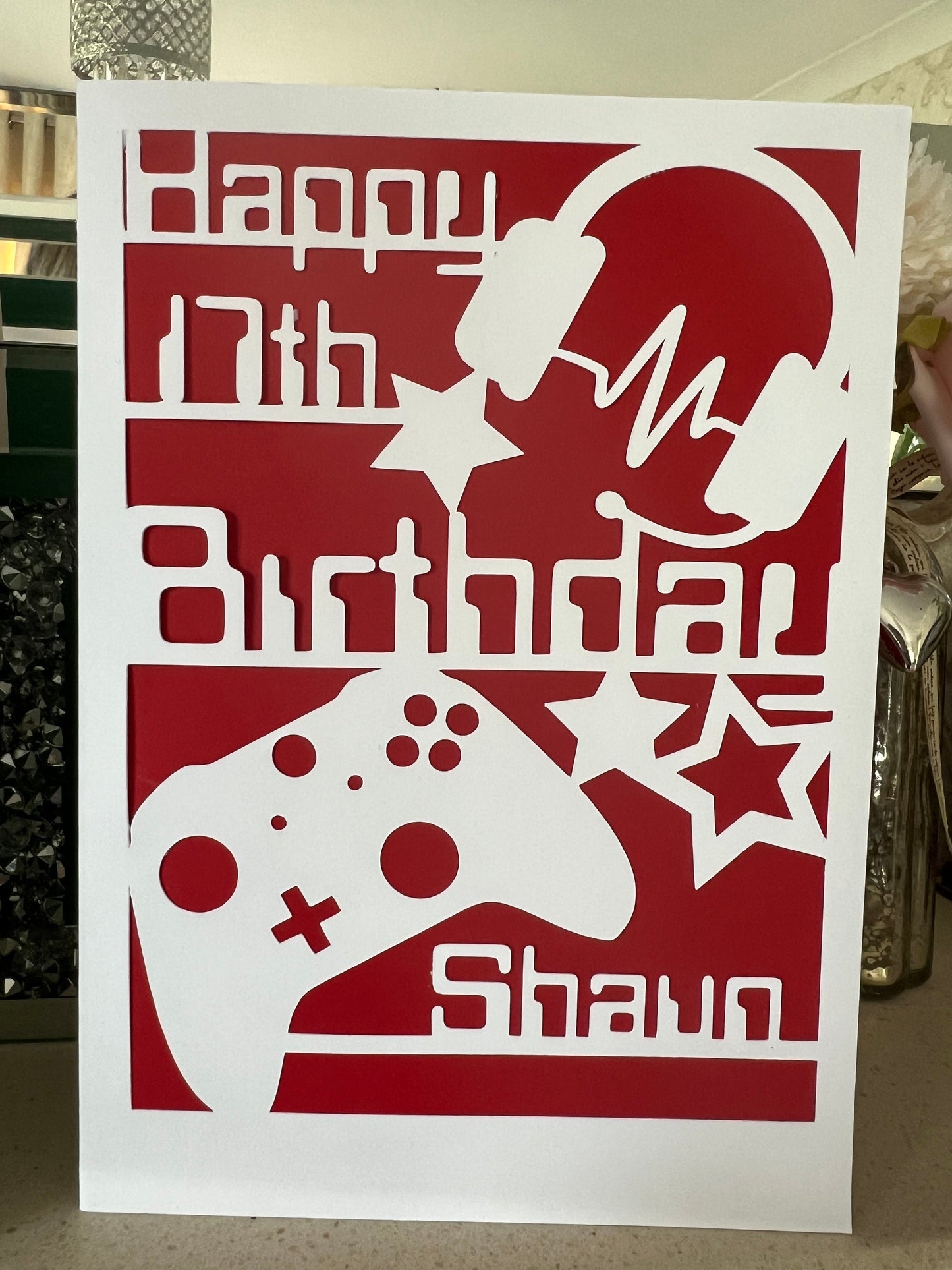 Personalised gaming birthday card. A5 name and age. Headset and controller choice of colour backing.