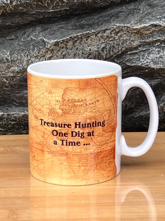 Personalised Metal Detecting cup, mug. 10oz our silhouette Metal detector, your Name.. Birthday gift. Metal detector- treasure map
