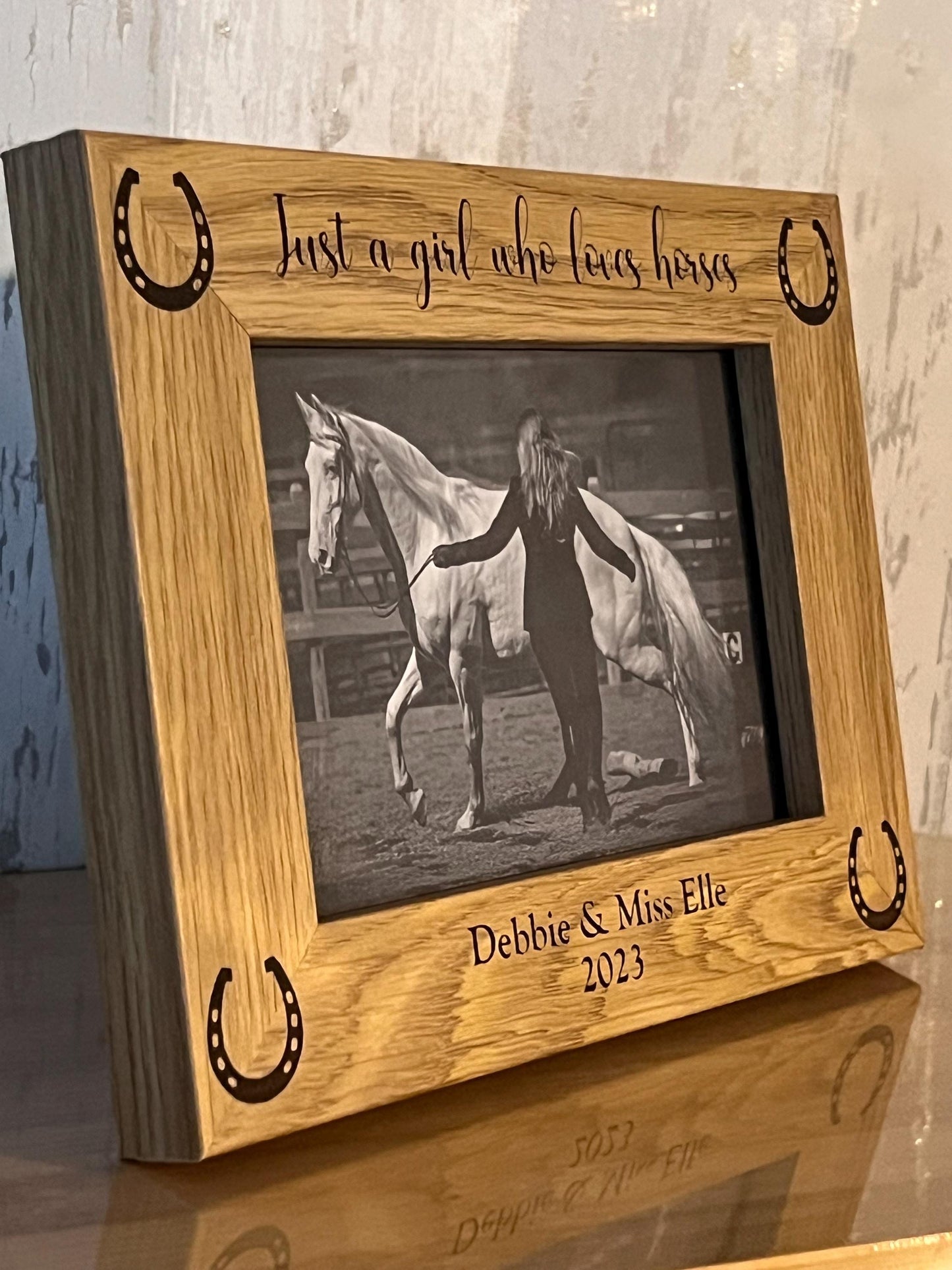 Personalised engraved oak effect horse and rider photo frame. Equestrain frame. custom made. Perfect gift. Keepsake now Card available