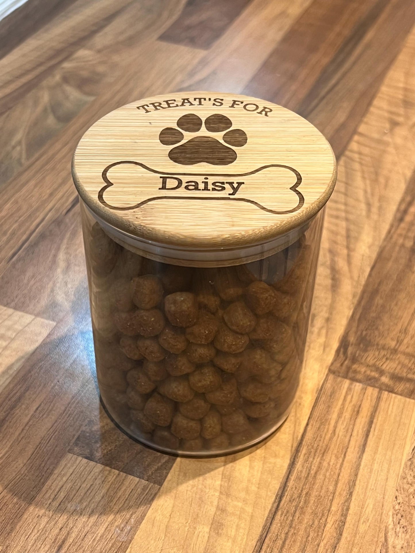 Dog treats jar personalised with name. engraved. pet treats storage jar, can be custom made to any words 1litre. Airtight bamboo lid.