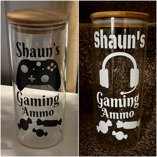 Personalised gaming treat jar. Gaming / streaming ammo sweets jar. Great gift for the gamer. Game controller image or Headset. . 1 Litre.