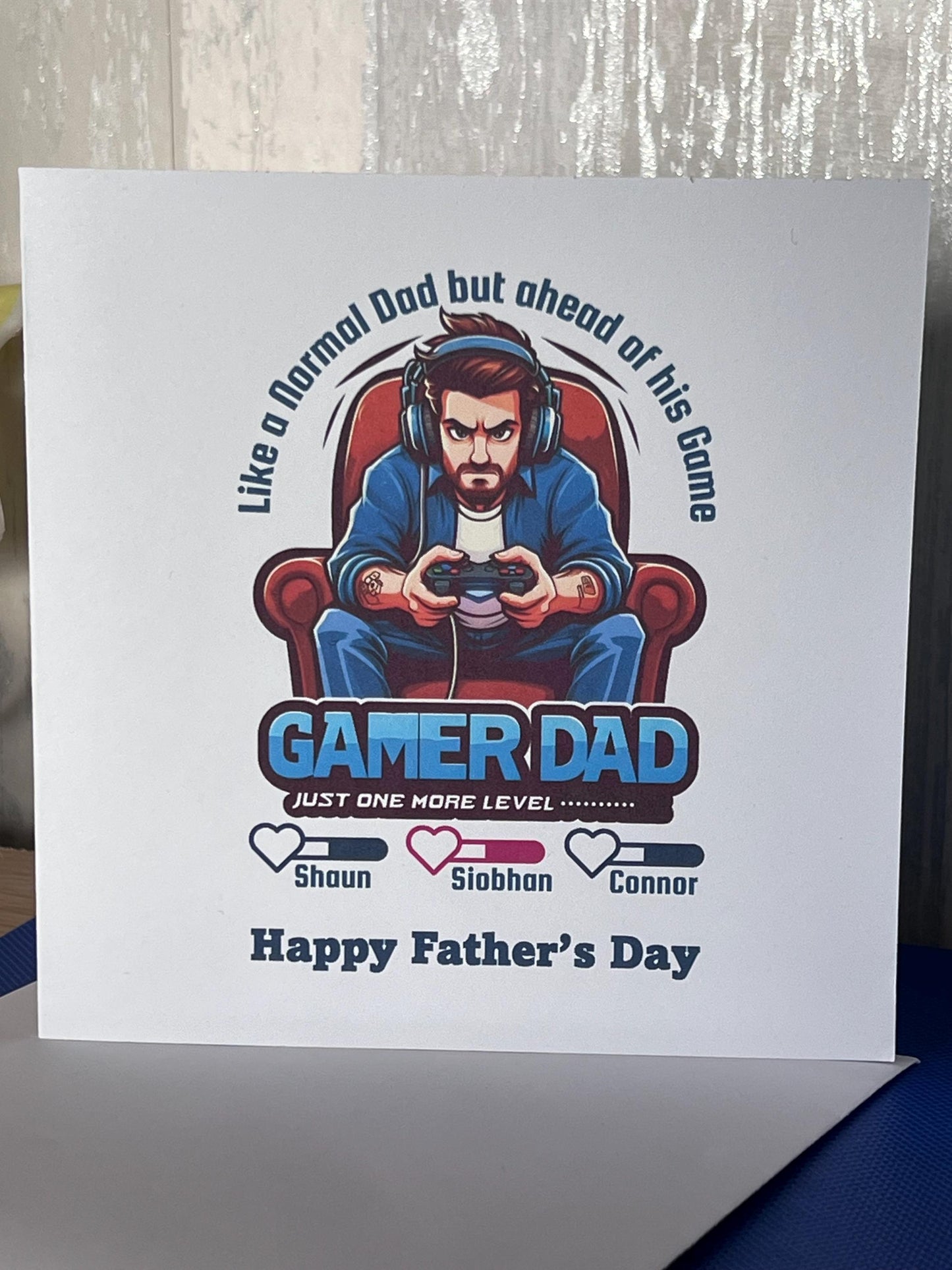 Father’s Day Card. 6x6 inch white card. Gaming dad with children’s names. personalised. great card for the Gamer dad out there. Birthday.