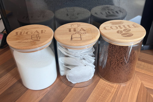 Engraved Tea Coffee and Sugar canister set or individual. Glass storage with engraved airtight bamboo lid. visual aid