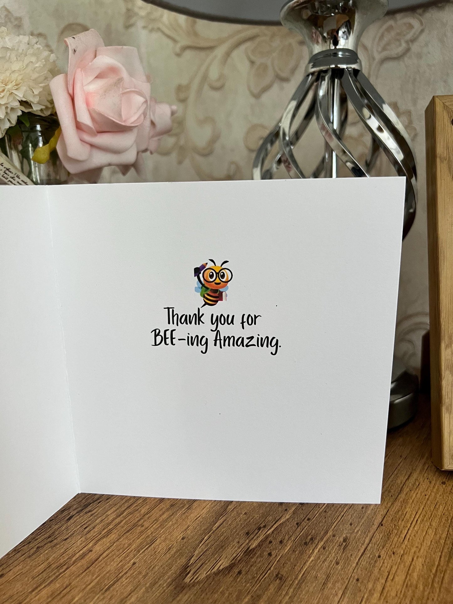 Teacher thank you card. Bee card. Garden Teacher end of year card. personalised with teachers name. 6x6 inch quality card and white envelope