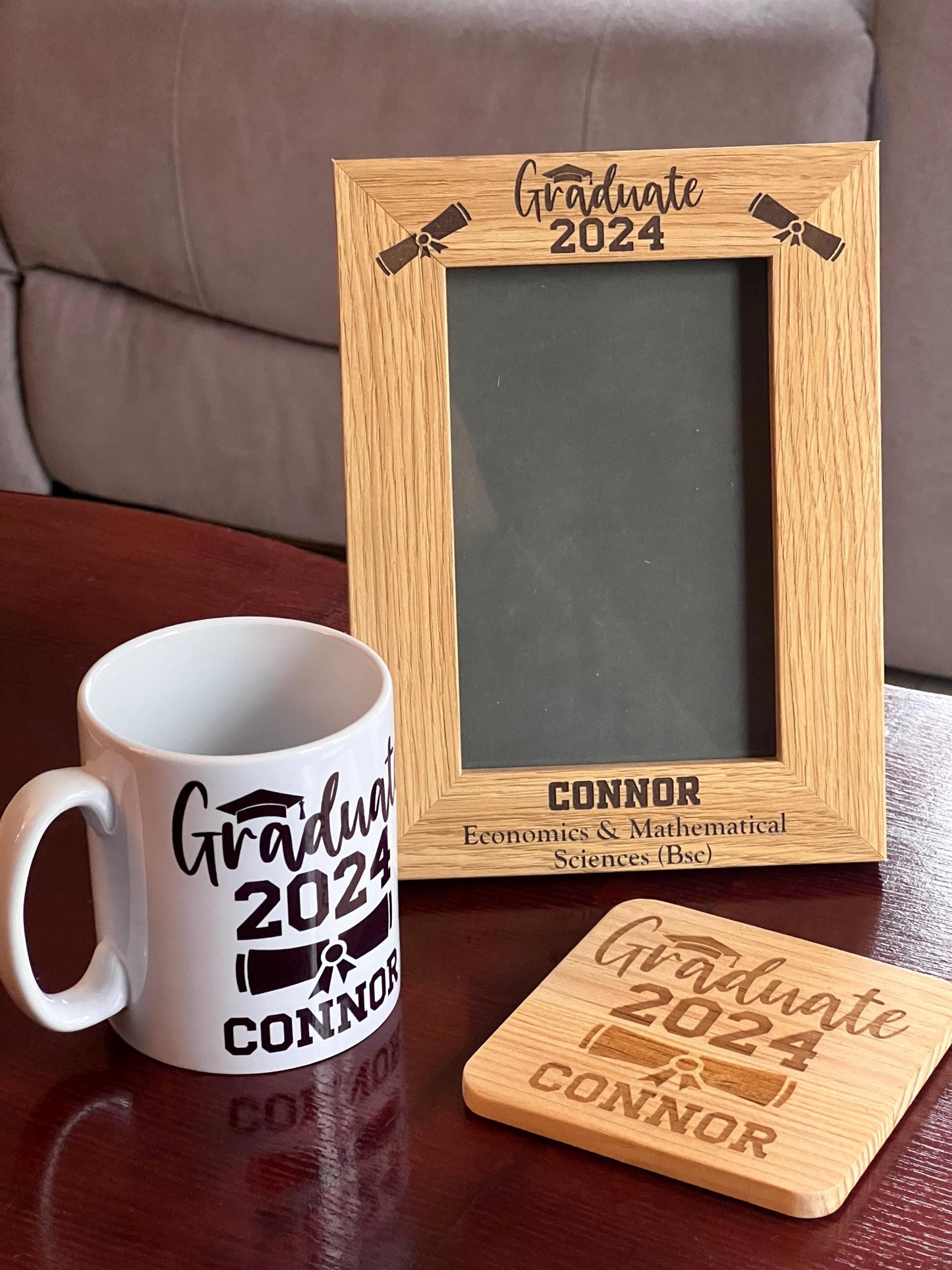 Graduation gift set. Engraved Frame, Coaster & Mug. Wonderful way to celebrate graduation. Keepsake.