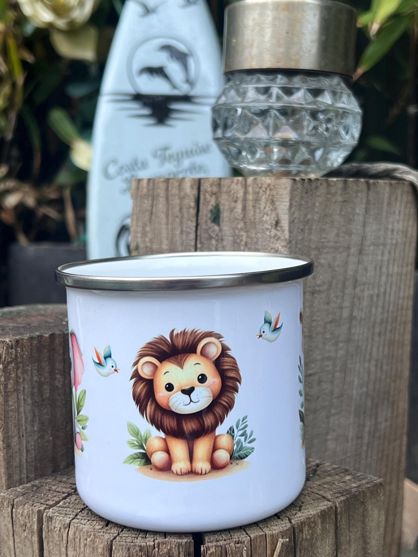 Childs cup. Personalised enamel cup. Unbreakable kids cup. baby animals with child’s name on both sides. Child’s gift. Camping mug Kids cup