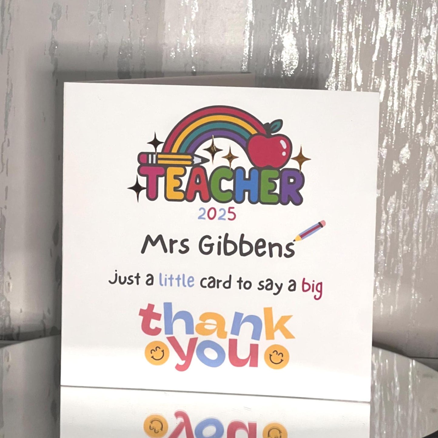Teacher thank you card. Teacher end of year card. personalised with teachers name. 6x6 inch quality card and white envelope