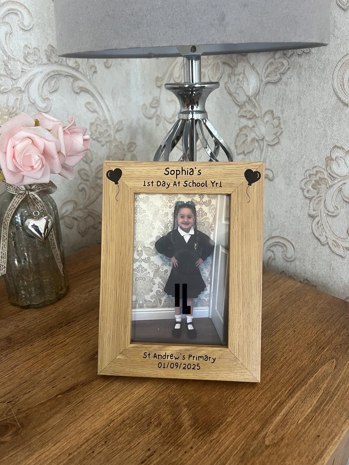 1st day of school photo frame. School photo. Personalised lovely oak effect engraved photo frame holds 6x4 photo. Any words.
