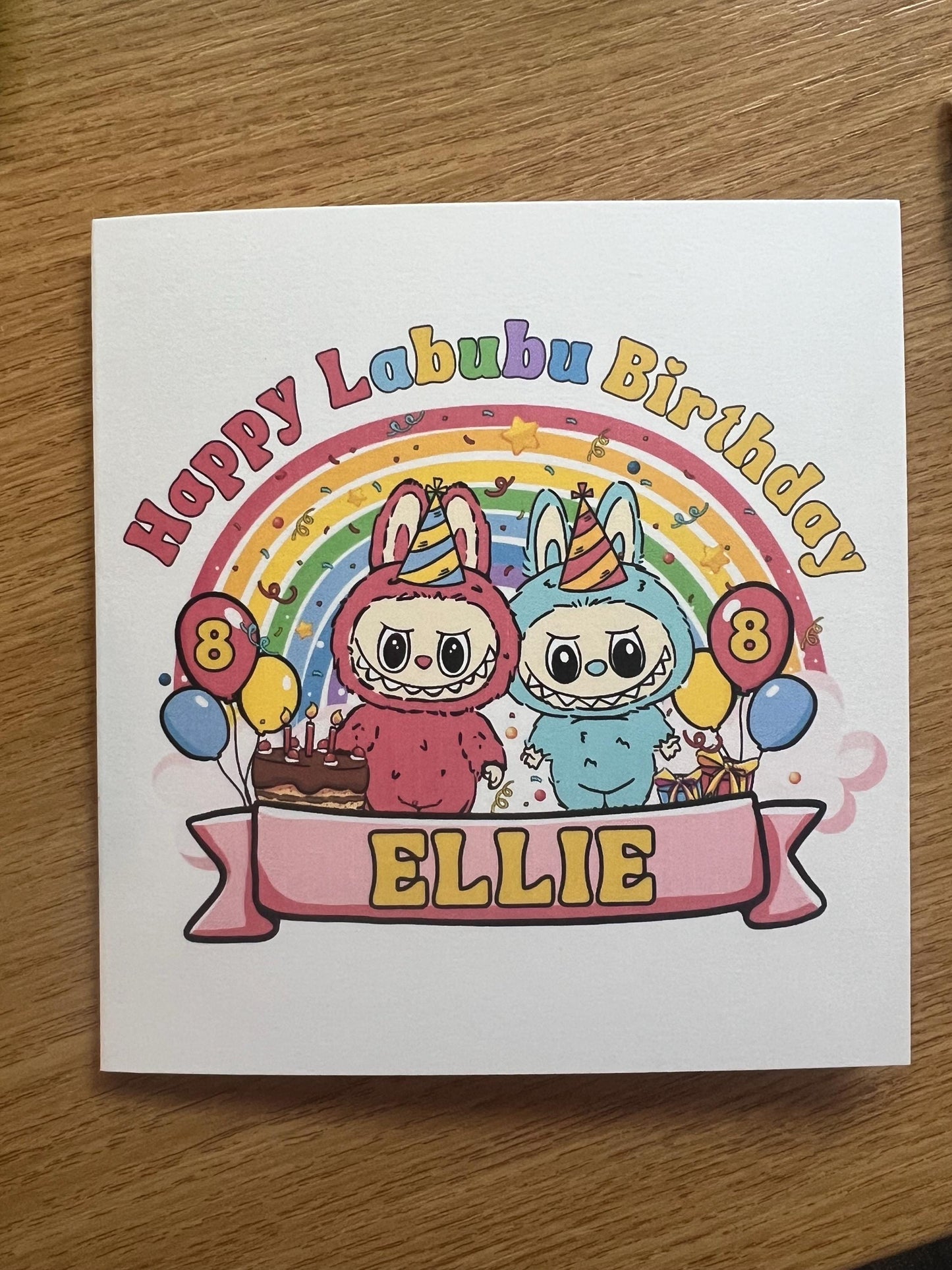 Labubu Birthday card personalised. 6x6 quality card . Perfect card for Labubu fan. can be custom made any words Pink or blue option