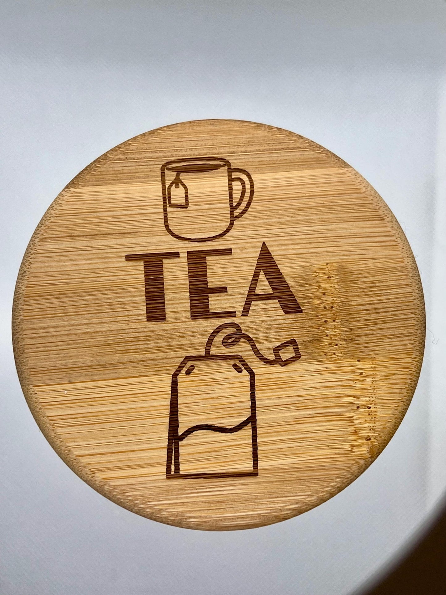 Engraved Tea Coffee and Sugar canister set or individual. Glass storage with engraved airtight bamboo lid. visual aid