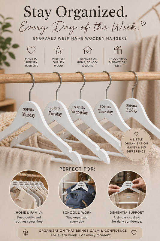 Week day hangers - Personalised hangers - Work day hangers- Engraved hangers. white school day wooden. Engraved hangers-Visual aid hangers
